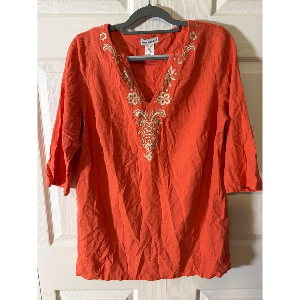 Jessica London Womens Coral Orange Linen Blend Embroidered V-Neck Tunic Top 14